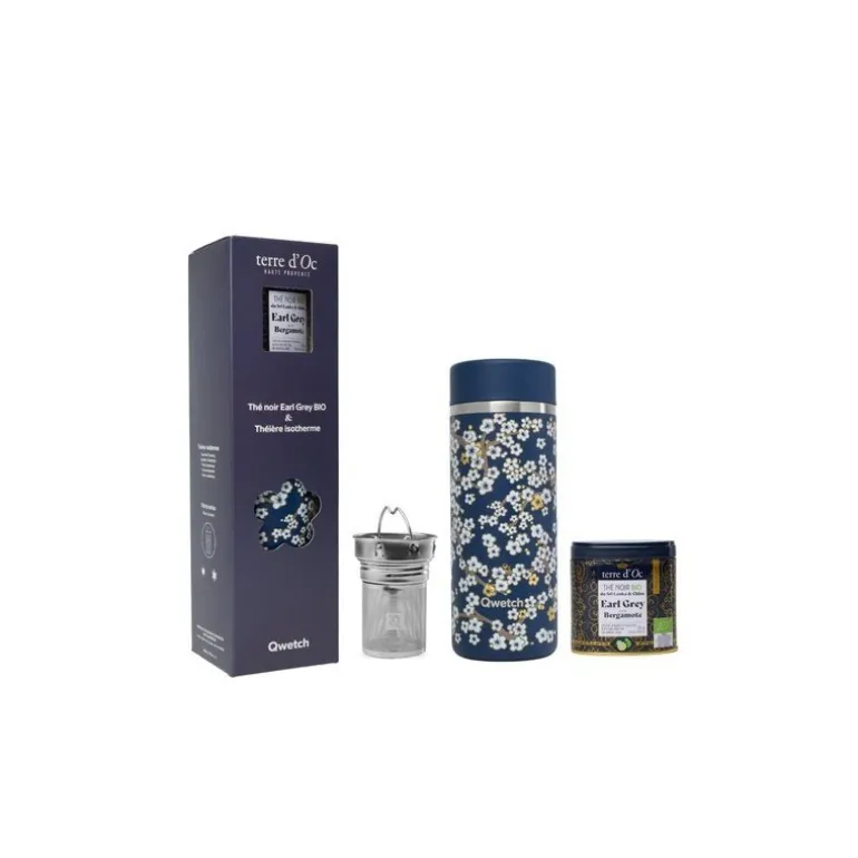 Coffret théière isotherme fleurs bleu 40 cl + thé noir bergamote 25 g