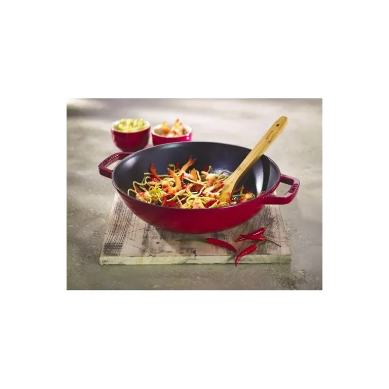 Wok en fonte cerise ø 30 cm avec son couvercle